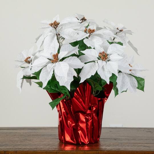 Nearly Natural 19" White Lush Poinsettia in Red Wrapped Artificial Planter